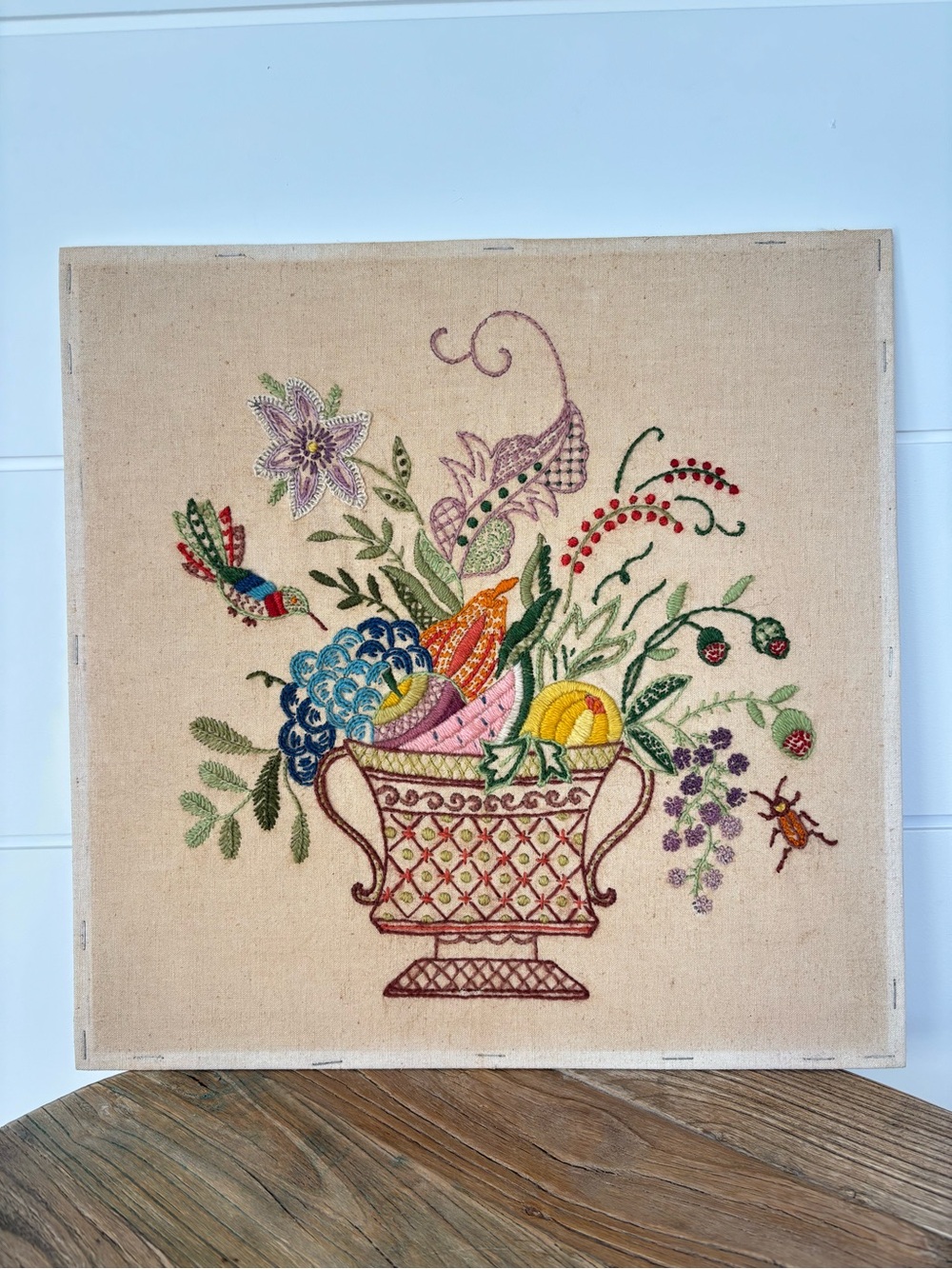 Vintage Hand-Embroidered Needlepoint Floral Fruit Basket Wall Art 14" x 14" - Picture 1 of 17